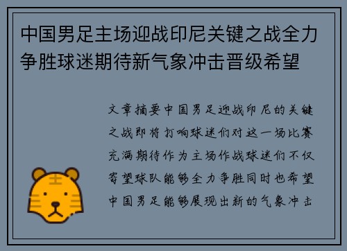 中国男足主场迎战印尼关键之战全力争胜球迷期待新气象冲击晋级希望